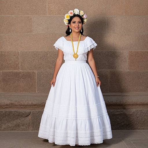 Photograph of a woman in a white lace dress, flower crown, and yellow necklace, standing against a stone wall.