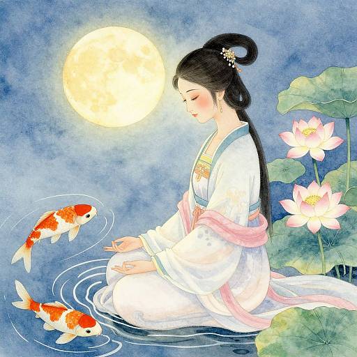 Watercolor Woman Meditating by Koi Pond