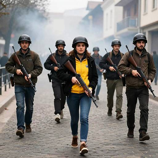 Dynamic Protest Scene on Cobblestone Street