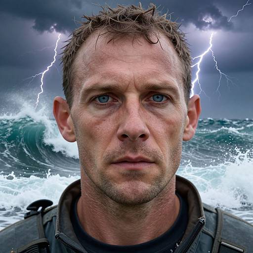 Photorealistic portrait of a rugged, wet-haired man with blue eyes, lightning bolts above, and turbulent ocean waves in the background.