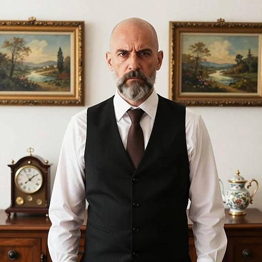 Photograph of a stern-looking bald man with a gray beard, wearing a black vest, white shirt, and brown tie, standing in front of framed