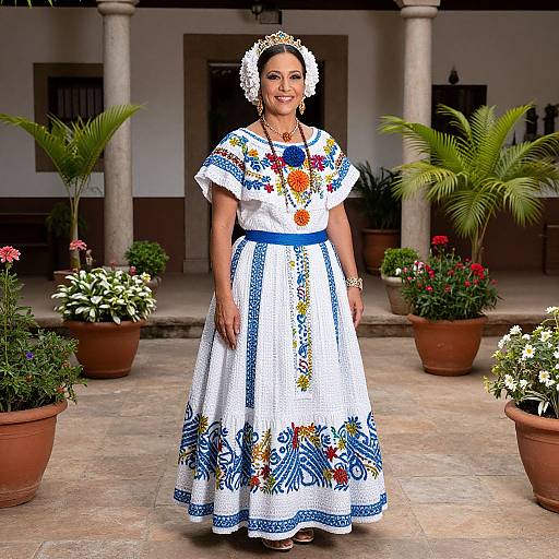 Photograph of a smiling Latina woman in a white, blue, and orange embroidered traditional dress, white headpiece, standing in a potted plant-filled