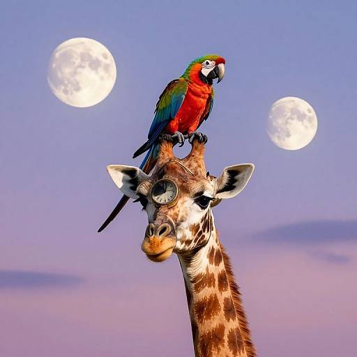 Photograph of a vibrant red and blue parrot perched on a giraffe's head, with two full moons in a twilight purple sky.