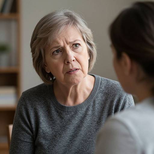 Photograph of an elderly woman with short gray hair, wearing a gray sweater, intently listening to a partially visible person in a white shirt, in