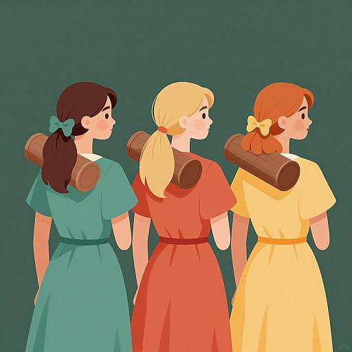 Three Women with Cylindrical Objects Illustration