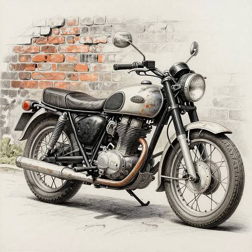 Vintage-style motorcycle with a rusted silver tank, black leather seat, and chrome exhaust, parked against a textured brick wall. Digital illustration.