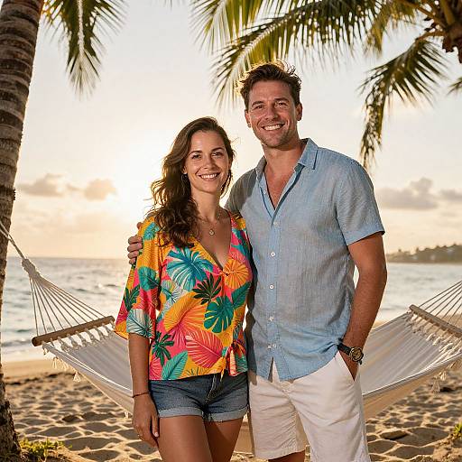 Photograph of a smiling couple standing on a beach at sunset, with palm trees and a hammock in the background. The woman wears a colorful floral