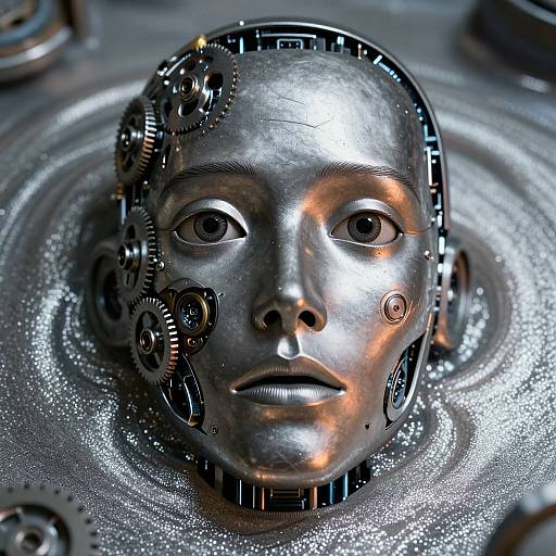 Photorealistic digital artwork of a metallic, robotic human head with gears and cogs integrated into its face, submerged in a shimmering, silver liquid