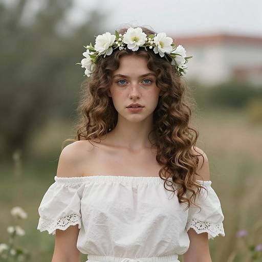 Young Woman in Off-Shoulder Dress and Crown