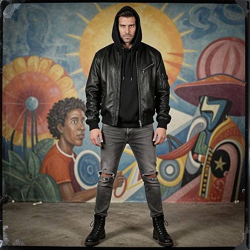 Photograph of a bearded man in a black hoodie and leather jacket, standing in front of vibrant graffiti mural with a sun, flower, and abstract