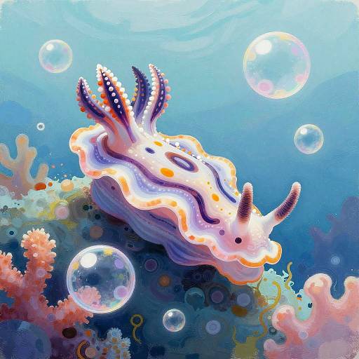 Digital painting of a vibrant, glowing sea creature with purple and orange accents, surrounded by bubbles and colorful coral reefs underwater.
