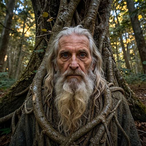 Photograph of an elderly man with long white hair and beard, nestled in the roots of a large tree in a forest, with sunlight filtering through the