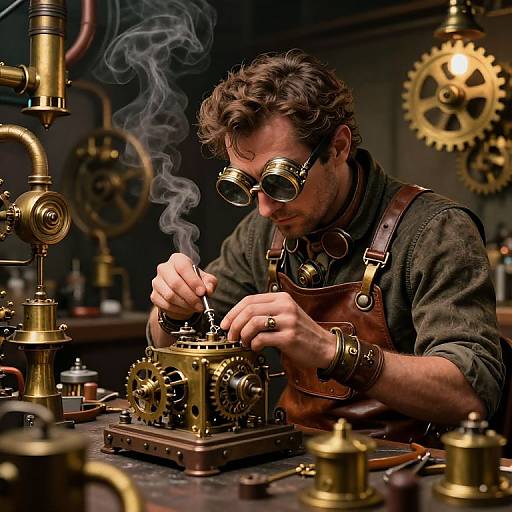 Steampunk inventor with curly brown hair and goggles, repairs intricate brass gearwork, surrounded by steam and industrial machinery, dimly lit workshop.