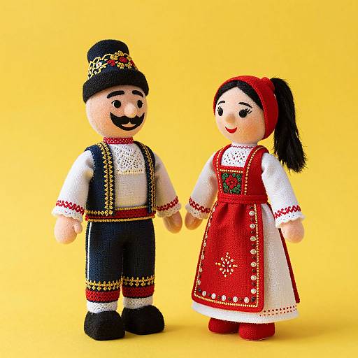 Photograph of two colorful, hand-crafted wooden dolls dressed in traditional Eastern European folk attire, standing against a bright yellow background.