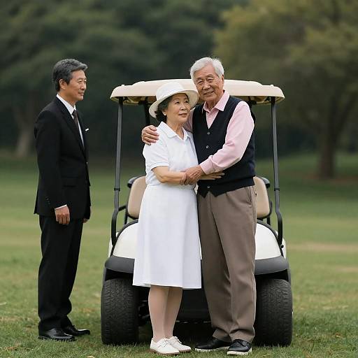 Elderly Couple Embrace by Golf Cart