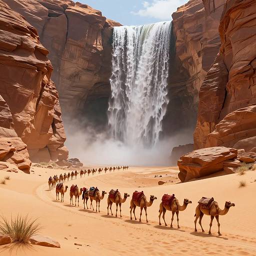 Photograph of a large waterfall cascading between red rock cliffs, with a caravan of camels walking in the sandy foreground.