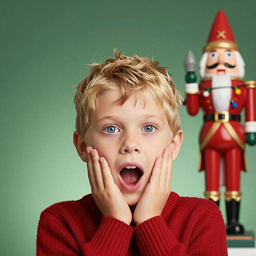 Surprised Boy with Christmas Figurine