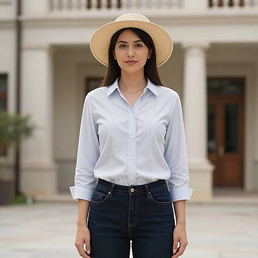 Photograph of a young Asian woman with long black hair, wearing a white button-up shirt, dark jeans, and a straw hat, standing in front