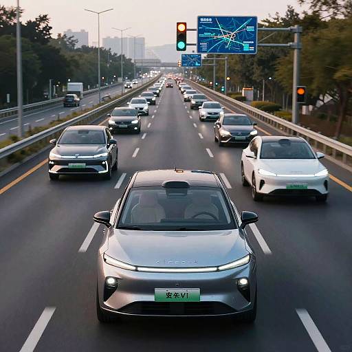 Photograph of a busy urban highway with multiple cars, including a silver Hyundai in the foreground, under clear skies and traffic lights.