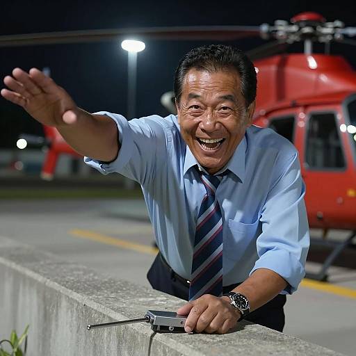 Excited Man Reaching Forward Near Helicopter