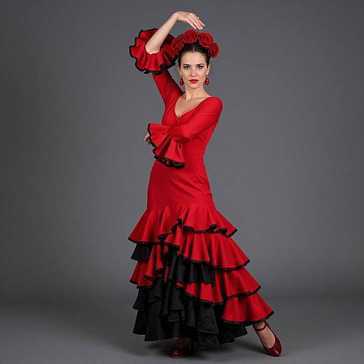 Photograph of a woman in a vibrant red, ruffled, multi-layered dress with black trim, red roses in her hair, red earrings,