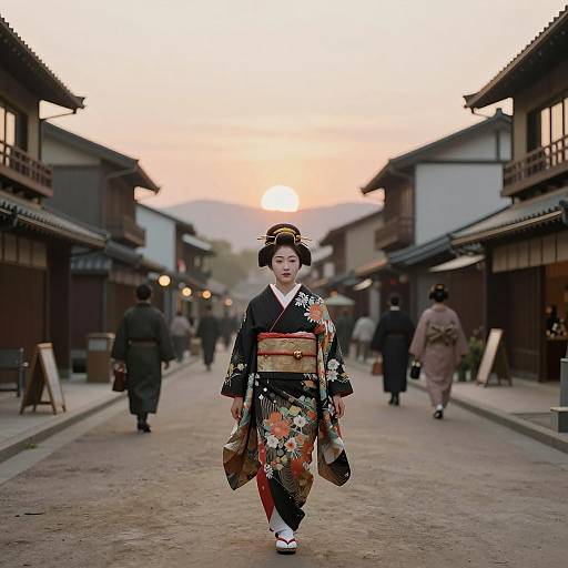 Traditional Japanese Geisha Walking at Sunset