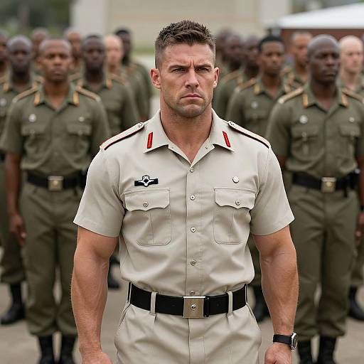 Photograph of a muscular, serious-looking white man in a white military uniform with red accents, standing in front of a blurred group of African-American men