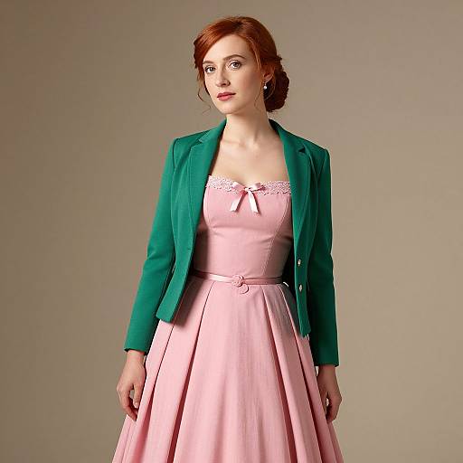 Photograph of a fair-skinned redheaded woman with pinned-up hair, wearing a green blazer over a pink, lace-trimmed, A