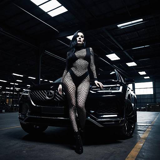 Androgynous Model in Fishnet Dress with Lexus Car in Industrial Warehouse