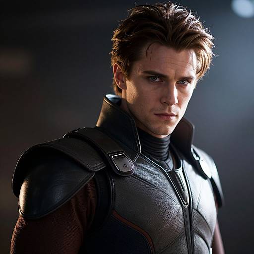 Photorealistic CGI of a serious, light-skinned man with short brown hair, wearing dark, armored leather clothing, illuminated from the side.