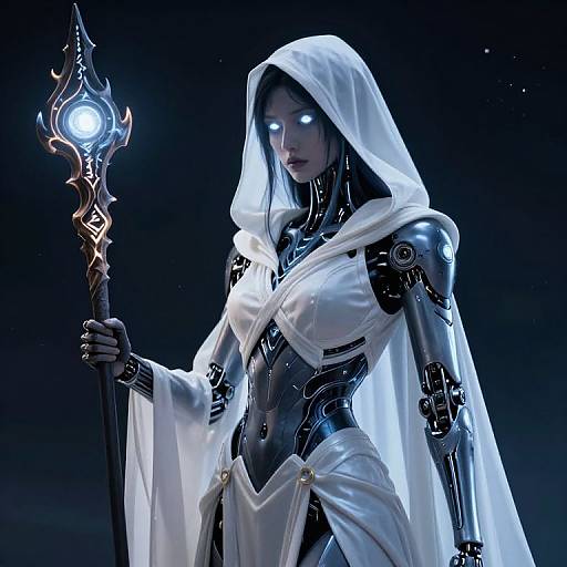 Digital artwork of a glowing-eyed, cybernetic female mage with white hooded cloak, holding a staff with blue orb, against dark background.