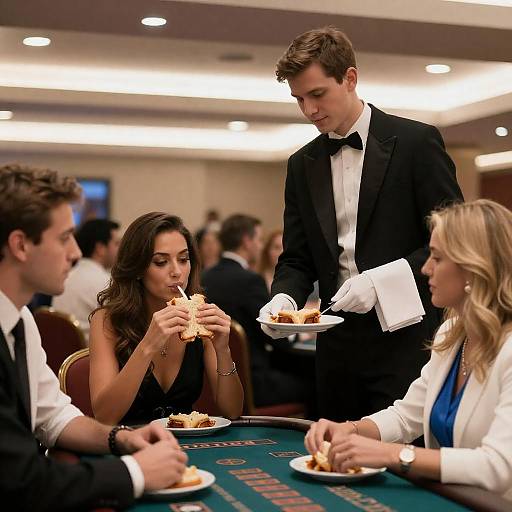Casino Waiter Serving Woman Eating Sandwich
