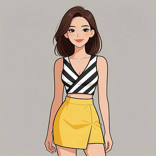 Digital illustration of a smiling young woman with fair skin, brown hair, wearing a black-and-white striped top, yellow high-waisted skirt, and