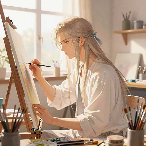 Digital anime-style painting of a focused, blonde-haired woman in a white blouse painting at an easel in a sunlit studio.