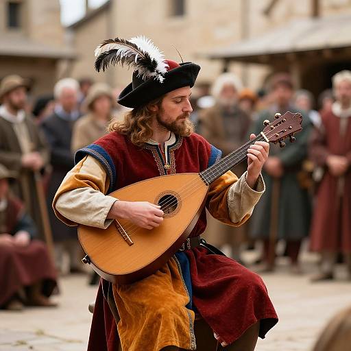 Photograph of a bearded man with long hair, wearing a black feathered hat and medieval-style clothing, playing a lute in a rustic,