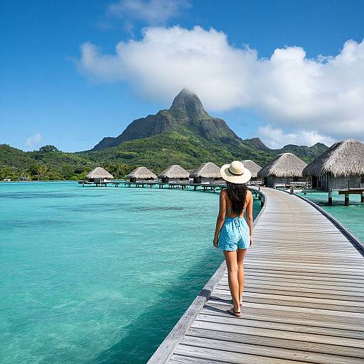 Photograph of a woman in a blue dress and white hat walking on a wooden pier toward overwater thatched huts and a mountainous island under
