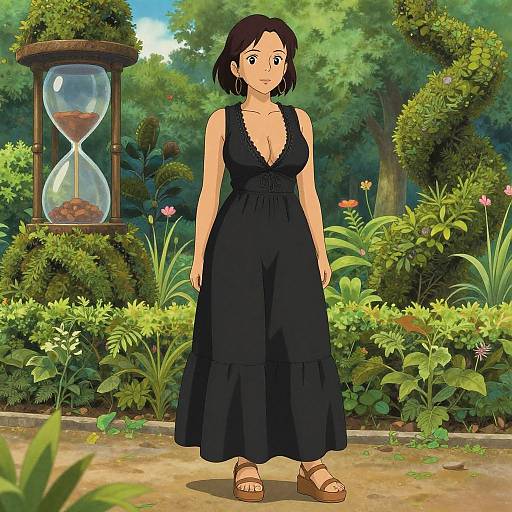 Anime-style digital drawing of a black-haired woman with medium breasts in a deep V-neck black dress, standing in a lush garden with an hourglass and