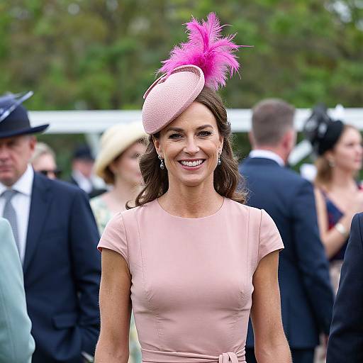 Photograph of a smiling woman in a pink dress and matching hat with vibrant pink feathers, standing outdoors at a formal event.