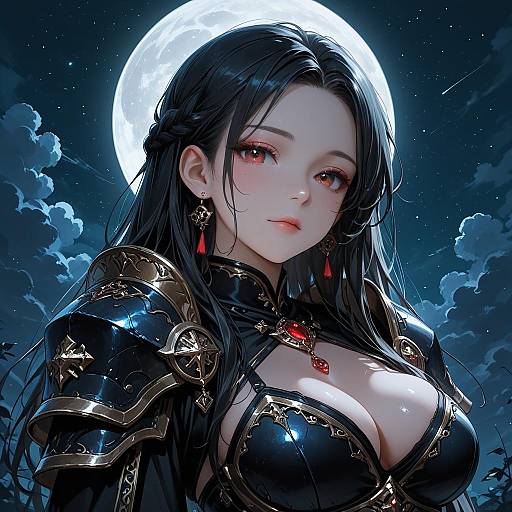 Fantasy Woman in Black Armor Under Full Moon
