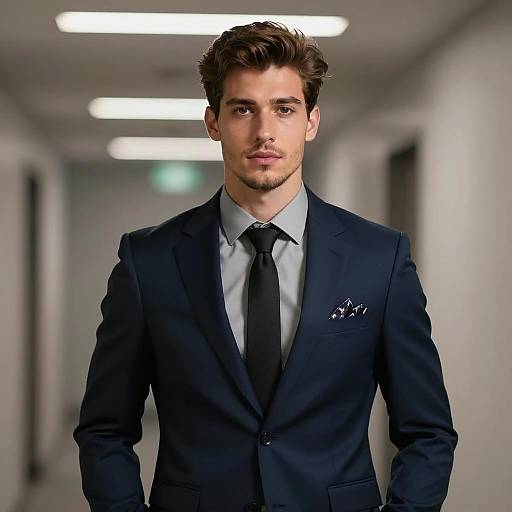 Confident Young Man in Dark Blue Suit