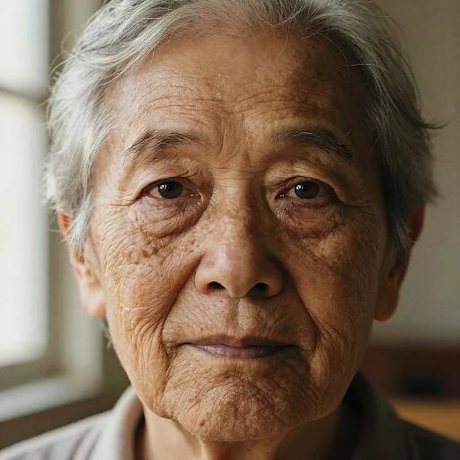 Close-up photograph of an elderly Asian man with wrinkled skin, gray hair, and gentle expression, softly lit by natural light.