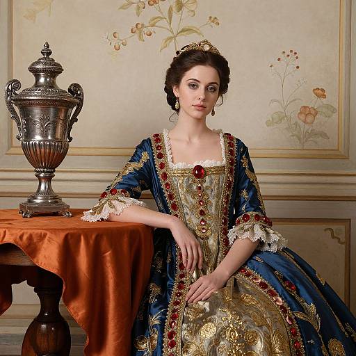 Photograph of a fair-skinned woman in an elaborate blue and gold embroidered gown, seated at an orange table, beside a silver urn, in an
