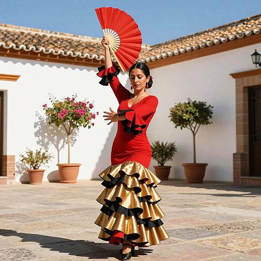 Latina Flamenco Dancer in Sunlit Courtyard