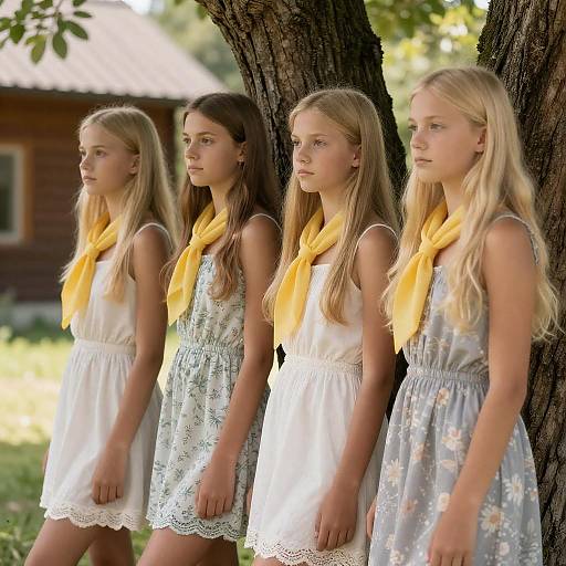 Four Girls in Floral Dresses Outdoors