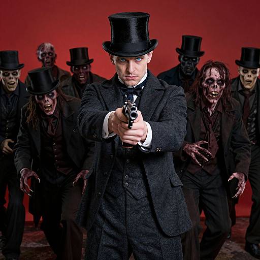 Photograph of a pale-skinned man in a black top hat and suit, pointing a handgun forward, surrounded by zombie-like figures in black attire and