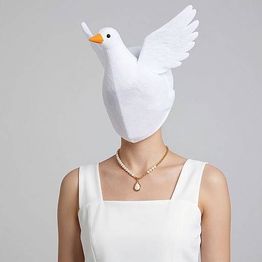 Photograph of a woman with a white dove's head, wearing a white sleeveless dress and gold necklace, against a plain light gray background.