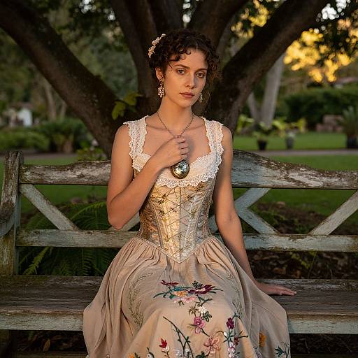 Photograph of a curly-haired woman in a Victorian-style, floral-embroidered dress, seated on a rustic wooden bench in a sunlit,