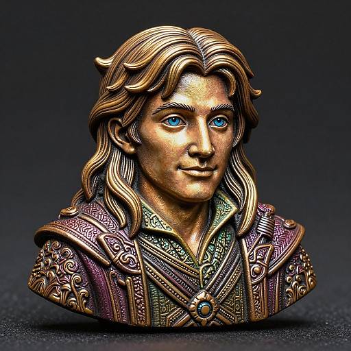 Photorealistic bronze bust of a fantasy warrior with blue eyes, long wavy hair, and ornate medieval armor, set against a black background.