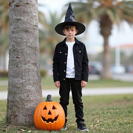 Young boy in black witch hat and jacket, white shirt, black pants, standing by palm tree, with carved orange pumpkin at his feet. Photographic
