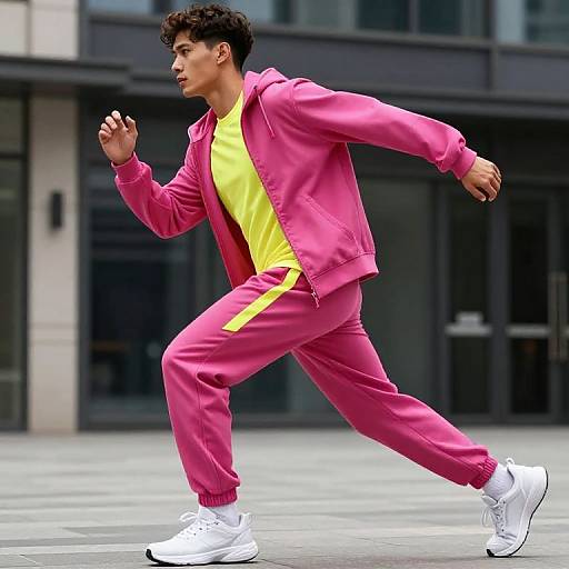 Photograph of a young man with curly brown hair running, wearing a bright pink tracksuit with yellow shirt, and white sneakers, against a modern urban